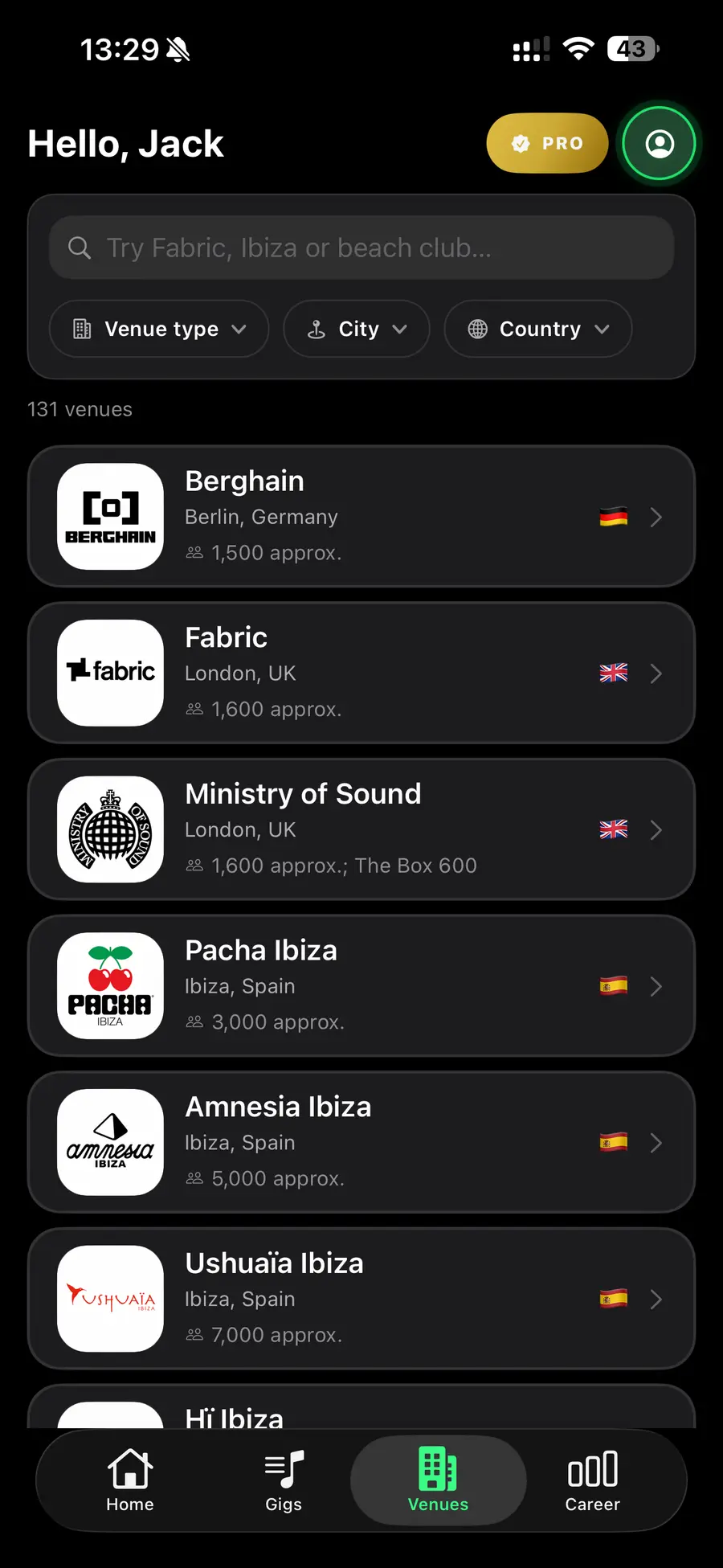 ArtistPilot Venues tab with search, filters, capacity, and club directory