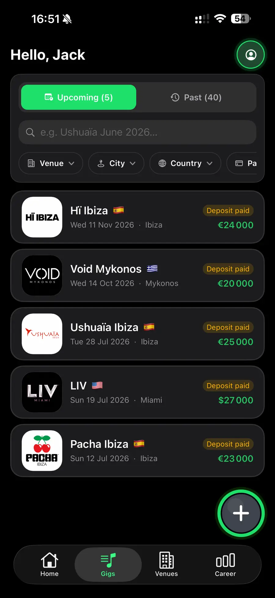 ArtistPilot gigs list with upcoming bookings, fees, and deposit status