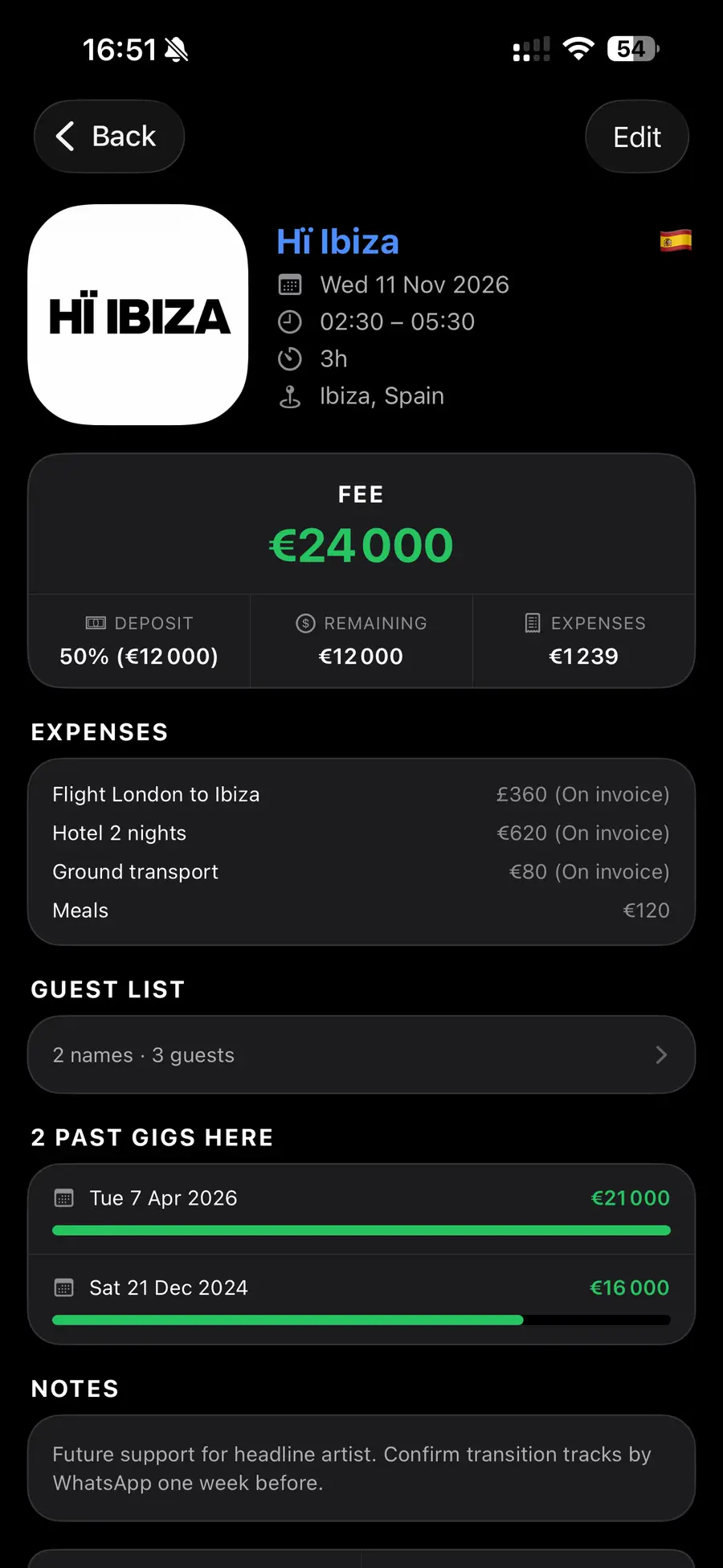 ArtistPilot gig detail for Hï Ibiza with fee, deposit, expenses, and guest list
