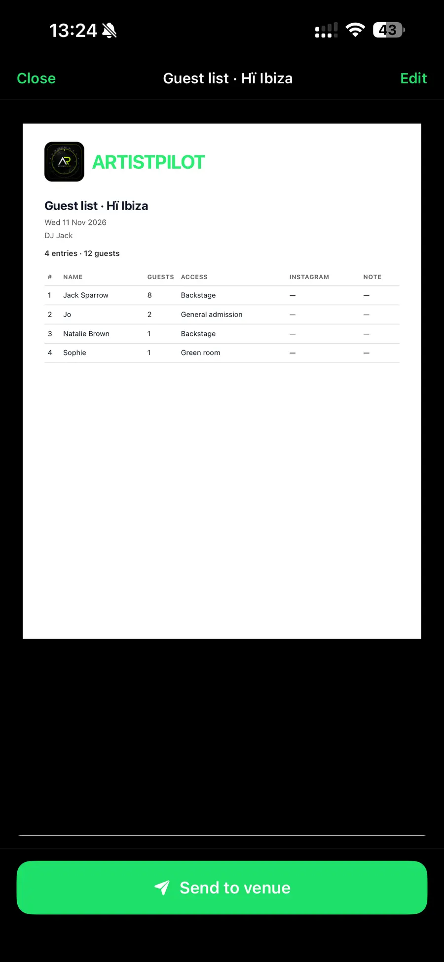 ArtistPilot guest list preview for Hï Ibiza ready to send to the venue