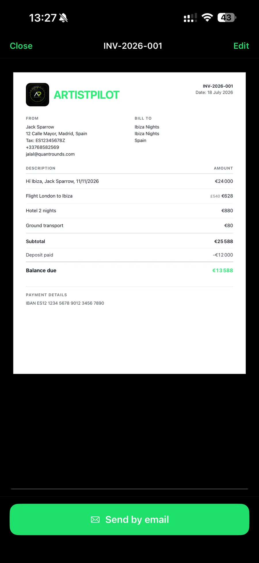 ArtistPilot invoice preview with line items, deposit, and balance due
